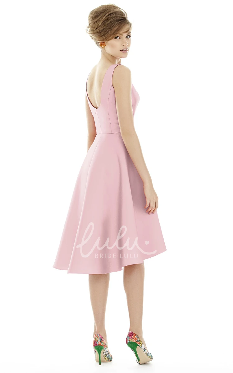 Jewel Knee-Length Satin Bridesmaid Dress with Pleats and V-Back