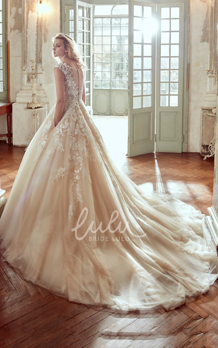 A-Line V-Neck Wedding Dress with Floral Lace Appliques and Pleated Tulle Skirt