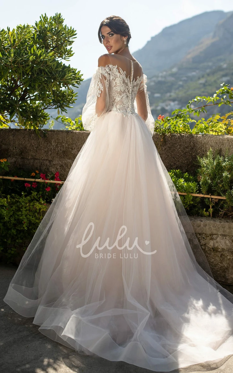 Tulle Sweetheart Wedding Dress with Poet 3/4 Length Sleeve and Illusion Back Romantic A Line Wedding Dress