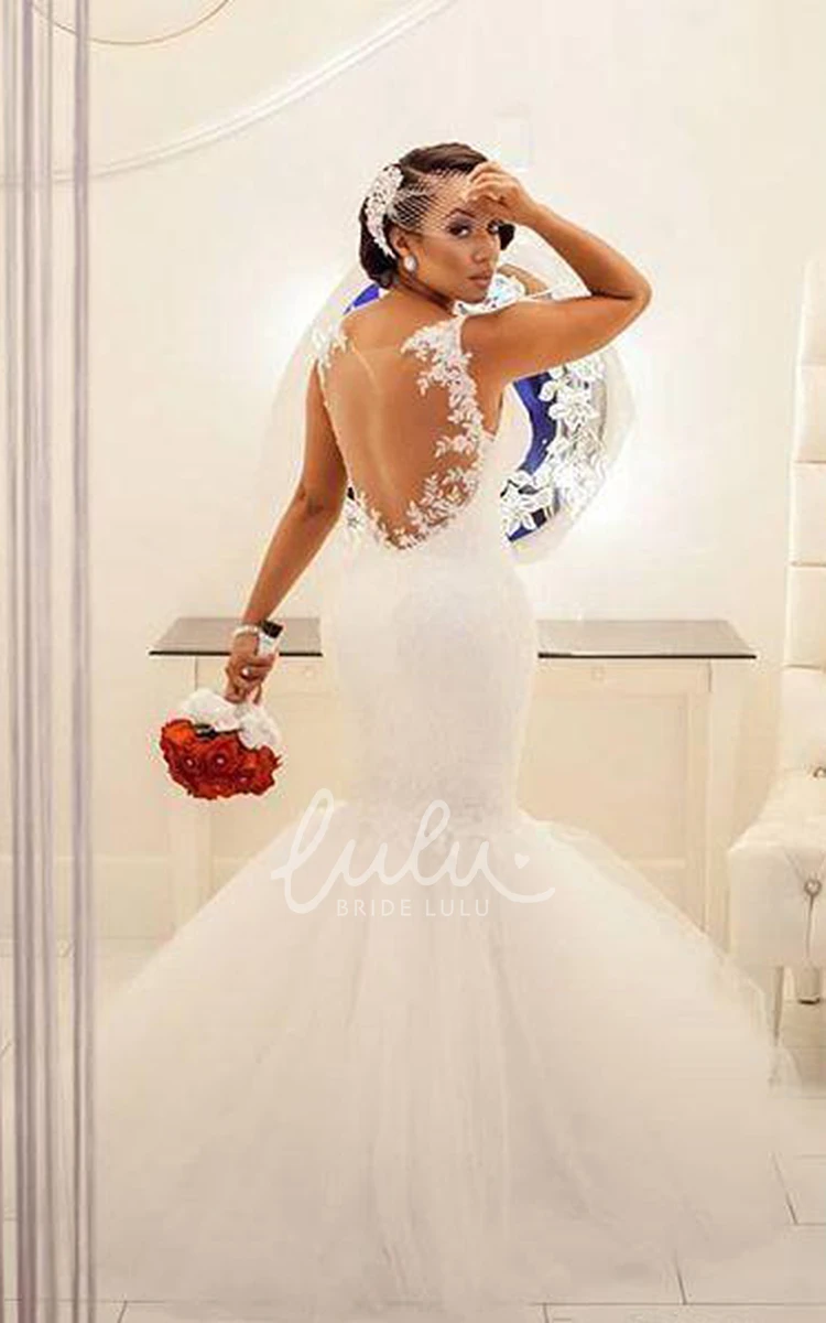 Short Mermaid Illusion Lace Wedding Dress with Spaghetti Straps and Bell Train