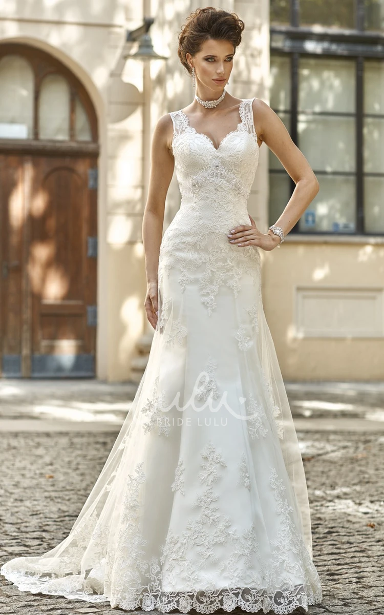 Sleeveless Sheath Lace&Satin Wedding Dress Floor-Length V-Neck