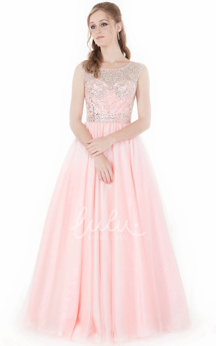 Beaded A-Line Tulle&Satin Prom Dress with Scoop-Neck Floor-Length