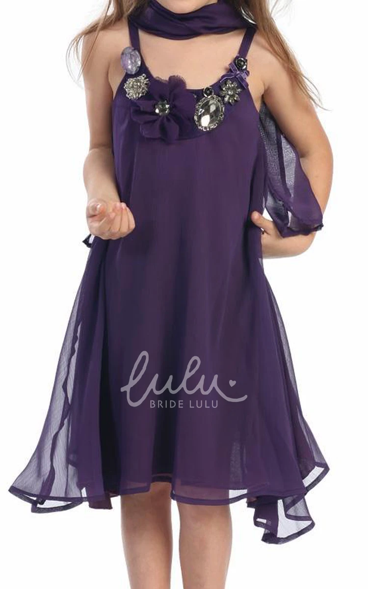 Chiffon Flower Girl Dress with Spaghetti Straps and Cape Midi