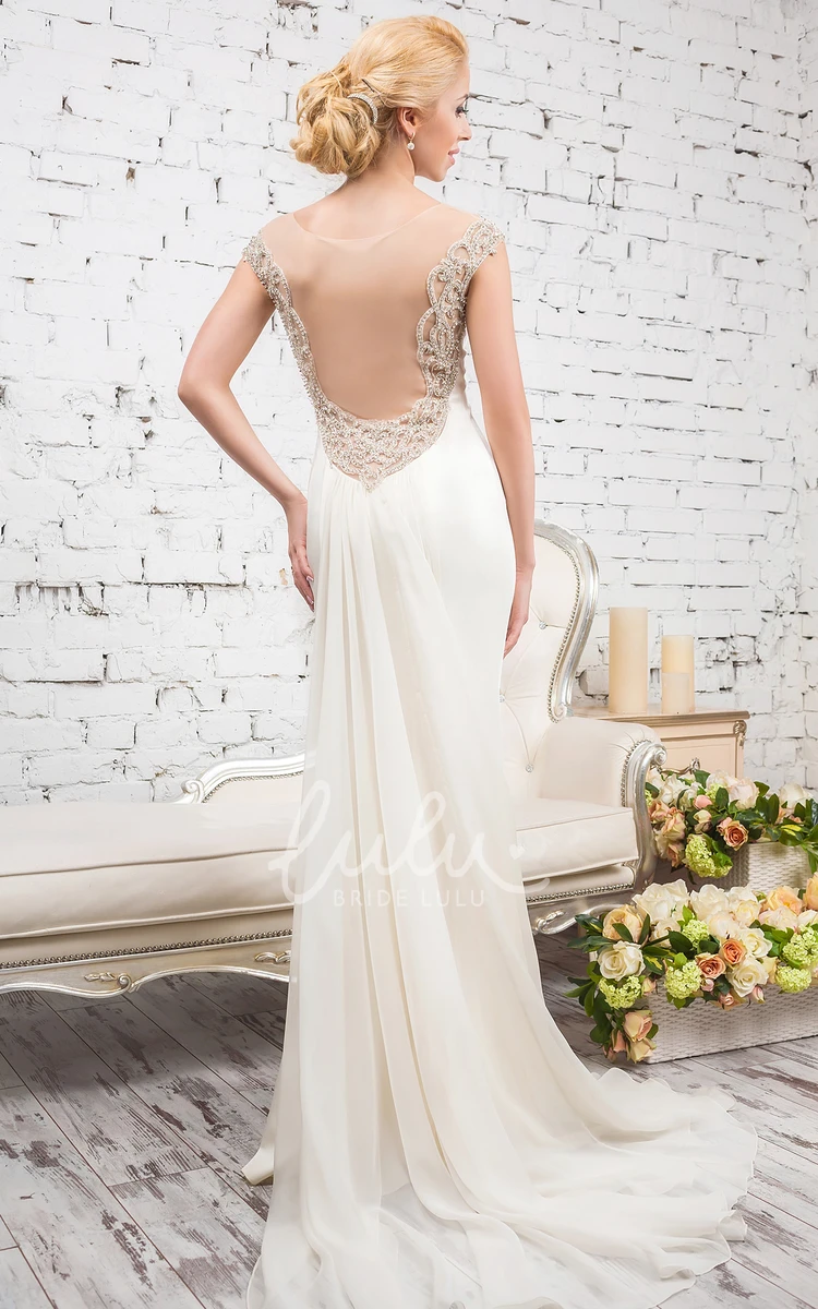 Satin & Tulle Beaded Sheath Wedding Dress with Cap Sleeves