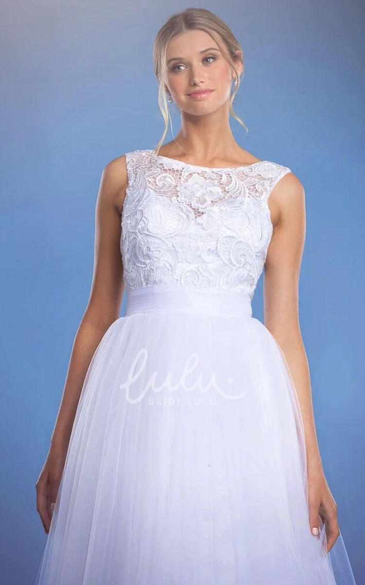 Tulle&Lace Bateau Wedding Dress with Keyhole Back A-Line Floor-Length Bridal Gown