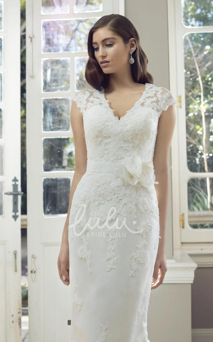 Lace Cap-Sleeve V-Neck Sheath Wedding Dress with Illusion Elegant Bridal Gown