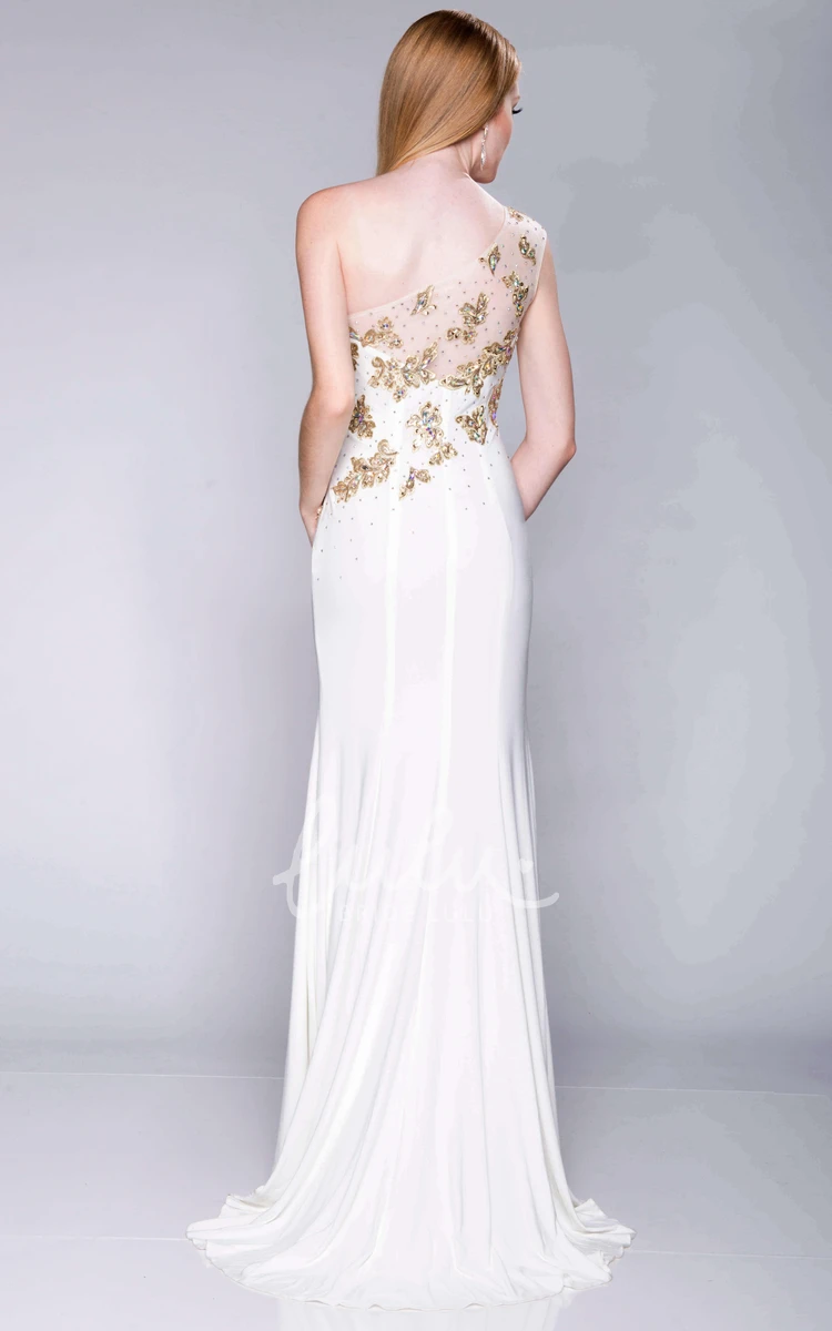 Column Prom Dress with Beaded Appliques One-Shoulder Side Slit Elegant