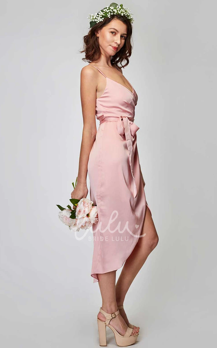 Spaghetti Straps Sheath Charmeuse Bridesmaid Dress with Split Front and Straps