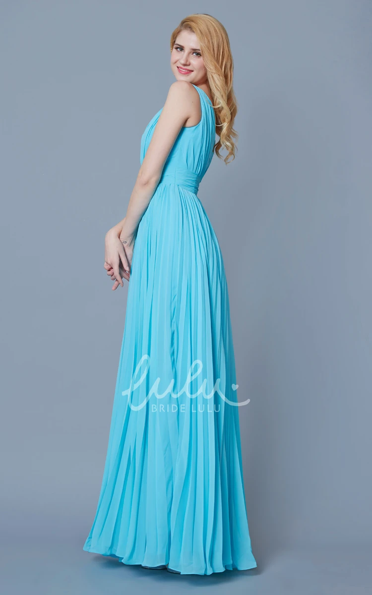 Long Chiffon Bridesmaid Dress with Empire Waist and Pleats