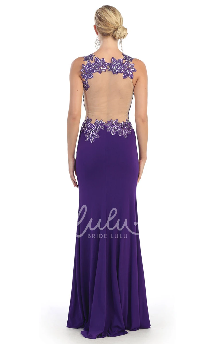 Sleeveless Sheath Illusion Prom Dress with Scoop Neckline and Front Split adorned with Appliques