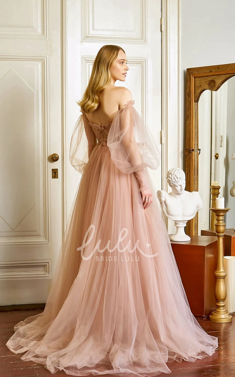 Off-the-shoulder Tulle A-Line Floor-length Evening Dress Boho Wedding Dress