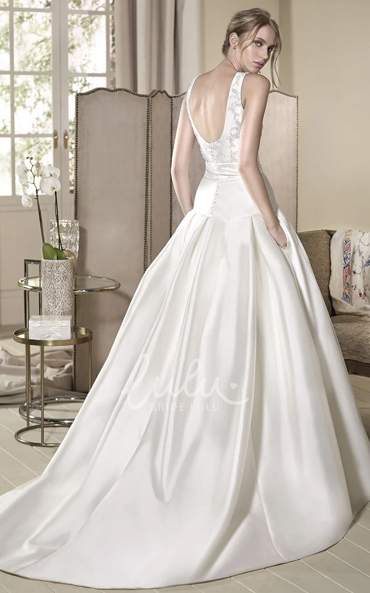 Appliqued Satin Wedding Dress with Bow Sleeveless Ball Gown