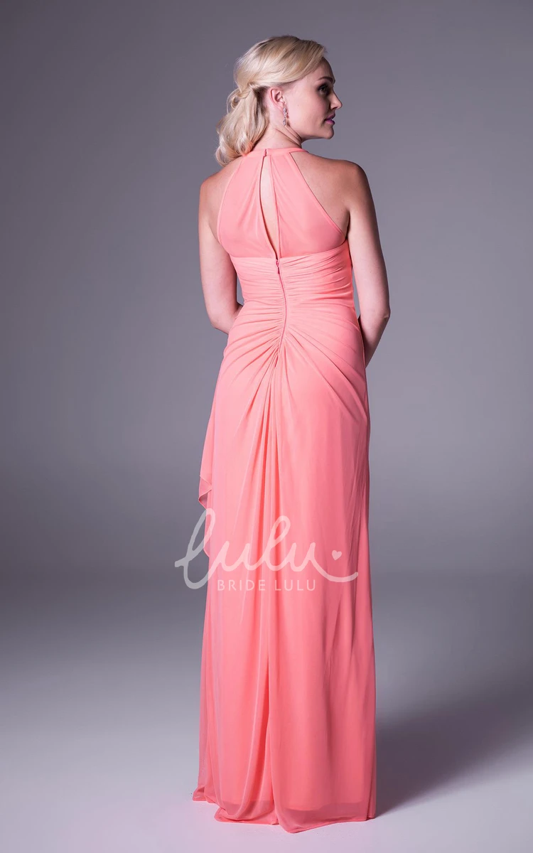 Draped Illusion Sleeveless Chiffon Bridesmaid Dress with Scoop Neck