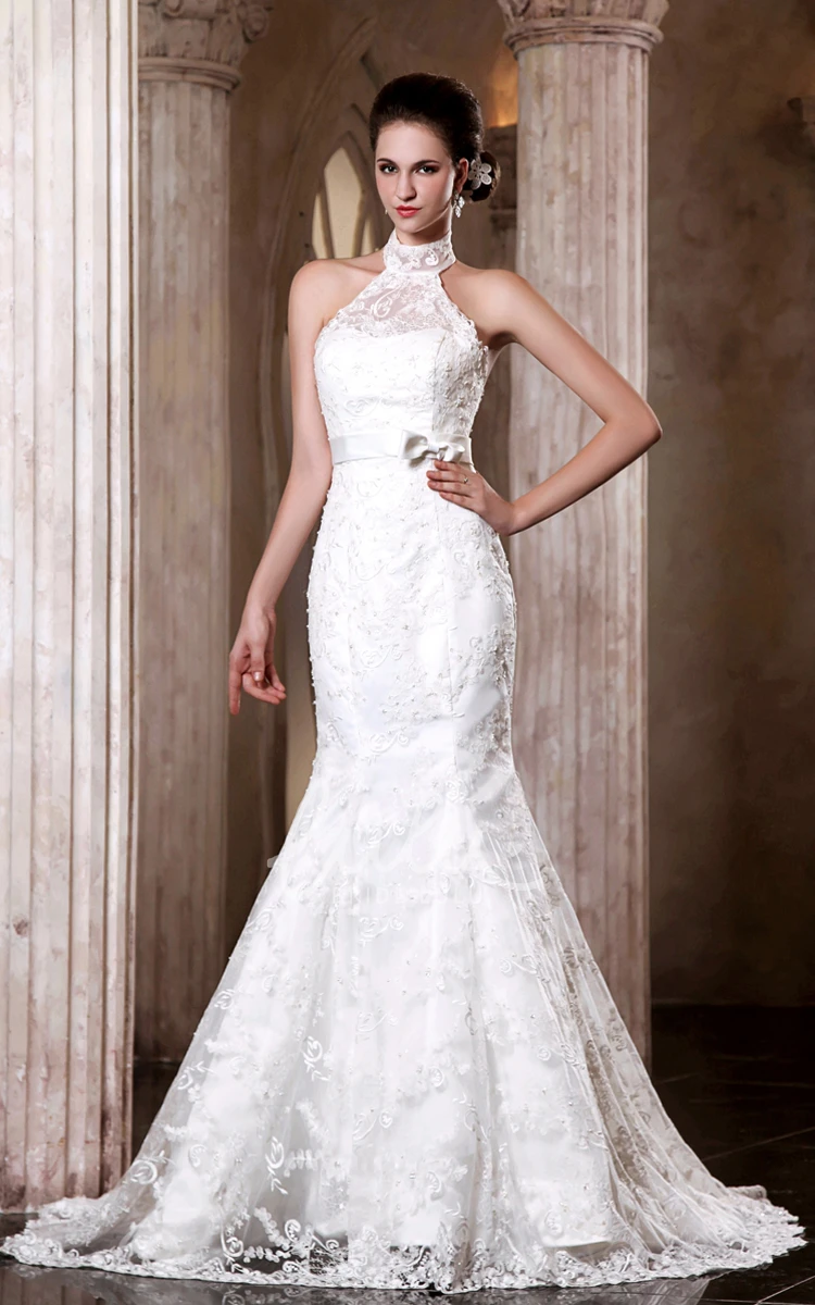 Lace Halter Wedding Dress with Bowed Sash Sexy Sleeveless Bridal Gown