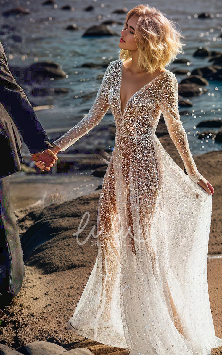 Sexy Sparkly Sequins V Neck Long Sleeves A-Line See Through Wedding Dress with V Back