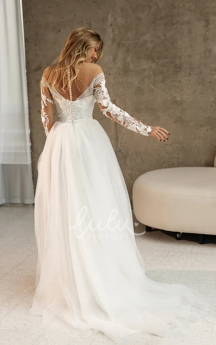 Bohemian A-Line Marriage Dress Scalloped Lace Tulle Brush Train Long Sleeve Button Beading