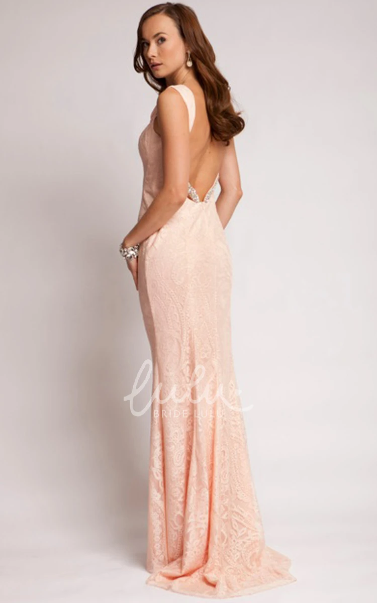 Floor-Length Beaded Lace Sleeveless Sheath Prom Dress