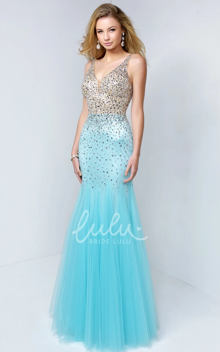 V-Neck Tulle Mermaid Prom Dress with Beading and Pleats