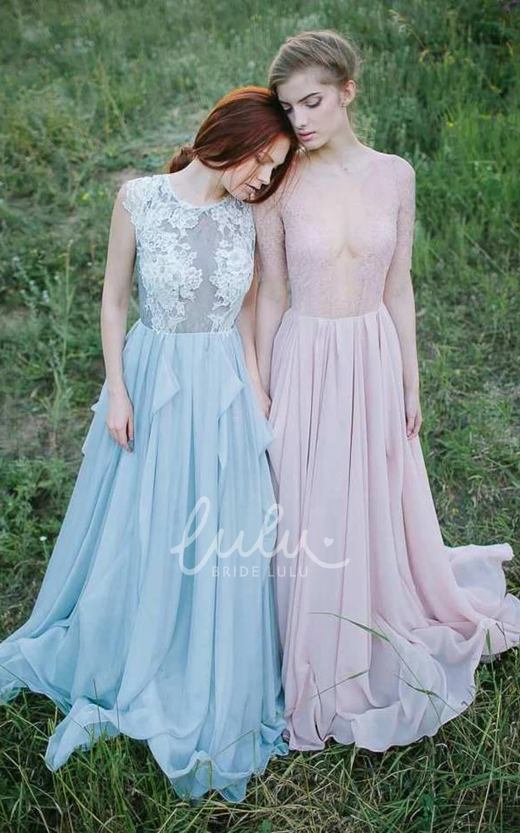 A-Line Chiffon Draped Dress with Lace Applique Top Sleeveless Jewel Neckline