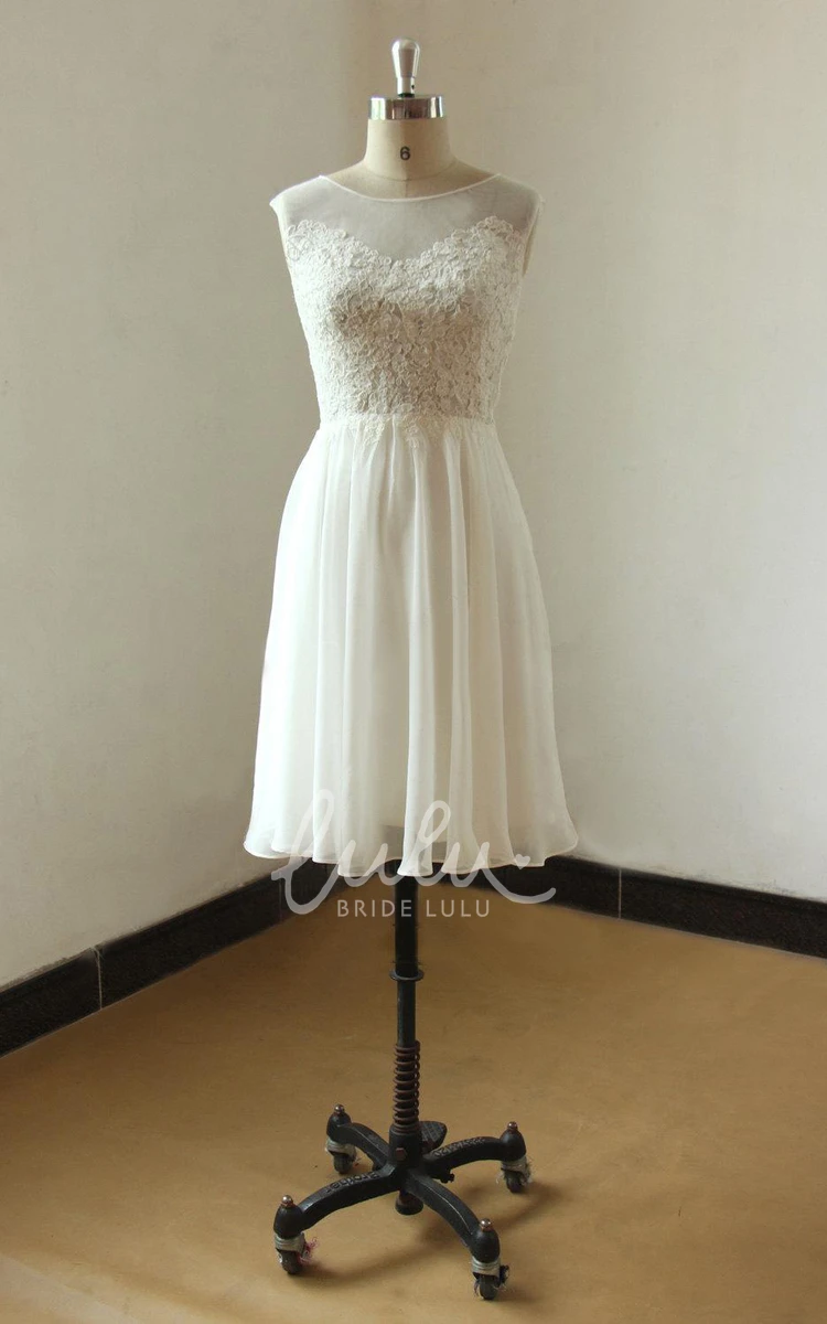 Ivory Lace Chiffon Wedding Dress with Illusion Neckline Knee Length Sleeveless Elegant