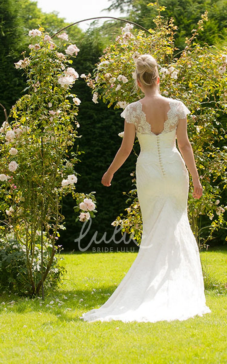 Lace Appliqued Cap-Sleeve Wedding Dress with V-Back V-Neck Style