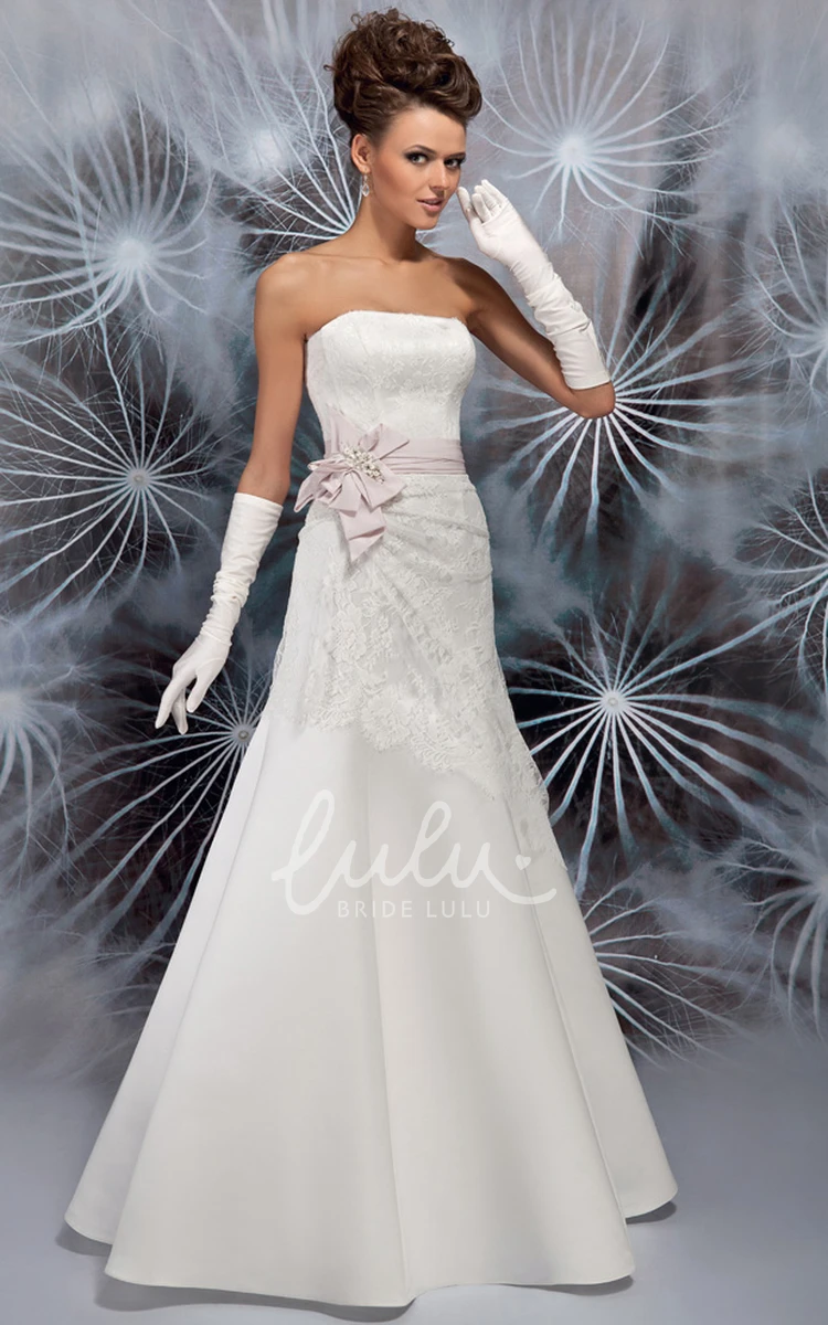 Strapless Lace Satin Wedding Dress with Ruching A-Line Maxi Style