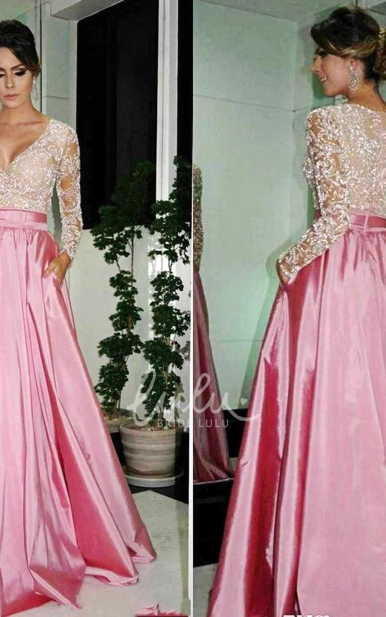 A-Line V-Neck Prom Dress with Beadings and Long Sleeves for Formal Occasions