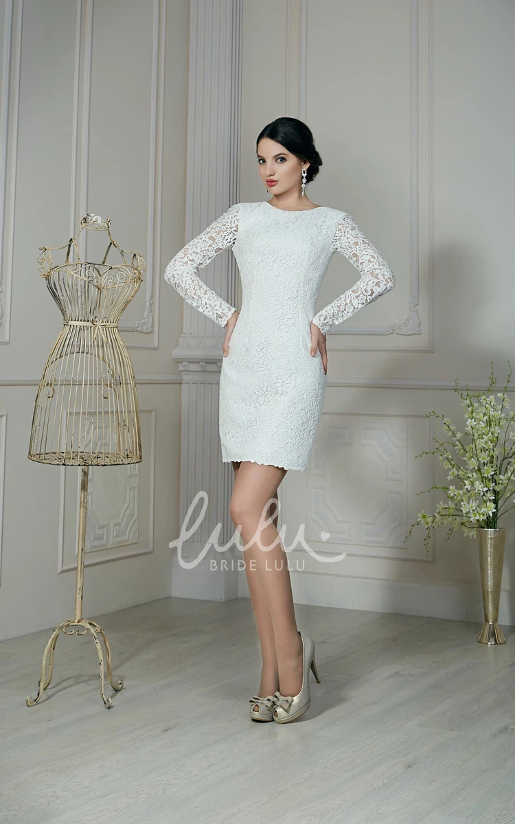 Lace Illusion Sleeve Sheath Wedding Dress with Low V-Back