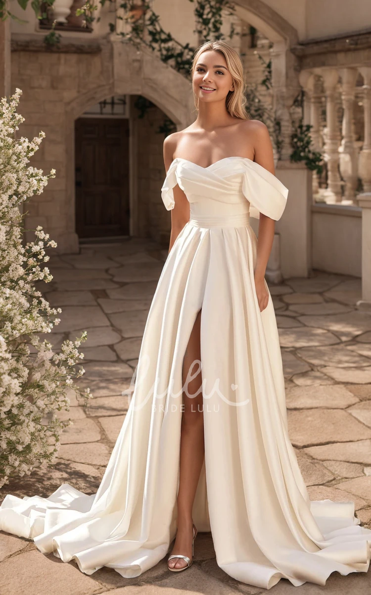 Sexy Summer A-Line Beach Garden Off-the-Shoulder Satin Wedding Dress Modern Solid Ruched Split Front Bridal Gown with Sweep Train