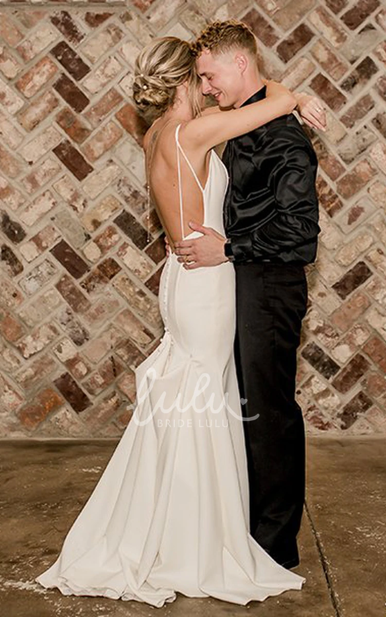 Simple V-Neck Satin A-Line Wedding Dress with Brush Train