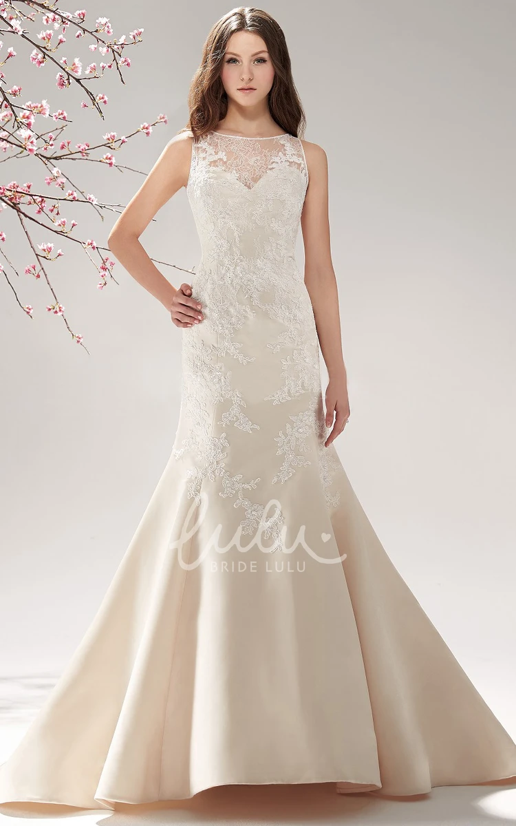 Trumpet Gown with Sleeveless Bateau-Neck Illusion Neck and Appliques