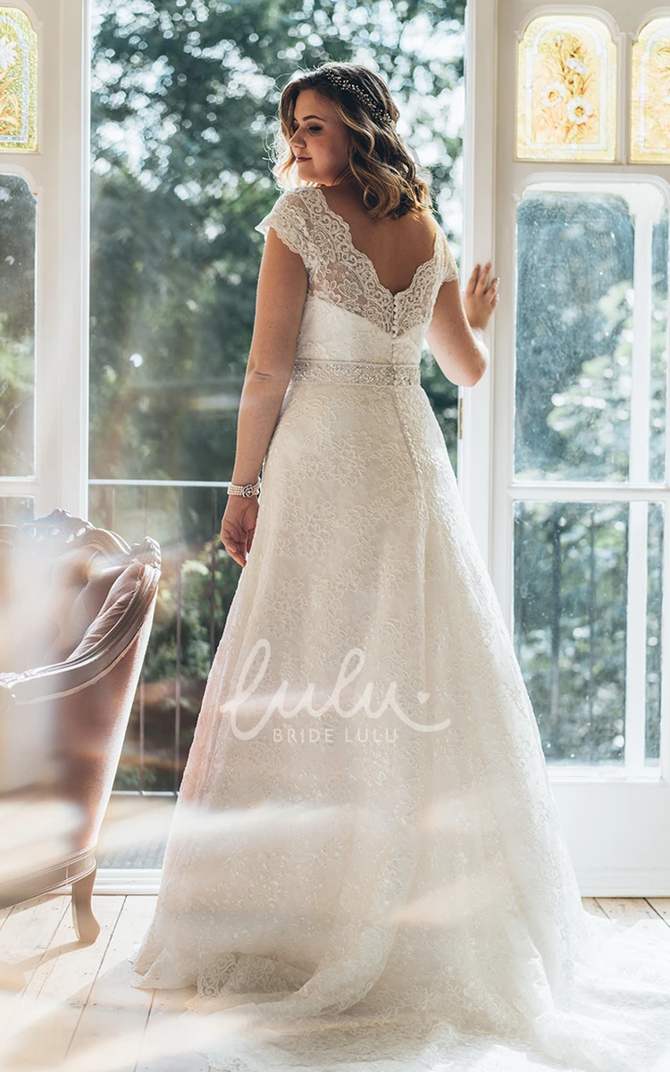 A-Line Lace Dress with V-Neck Short Sleeves Brush Train and Low-V Back for Weddings