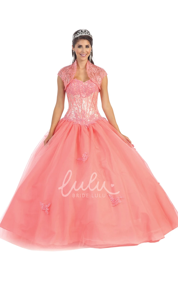 Tulle Satin Corset Back Sweetheart Ball Gown Dress with Appliques