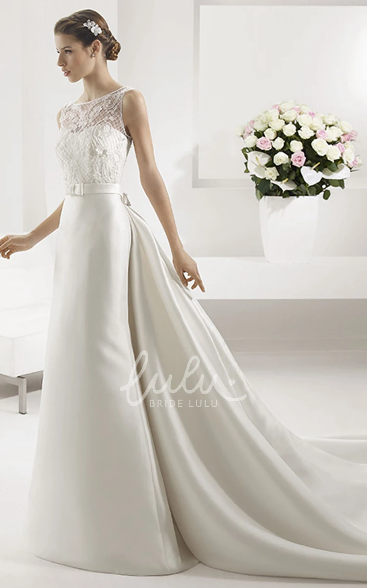 Appliqued Top Sheath Wedding Dress with Satin Skirt and Bateau Neck