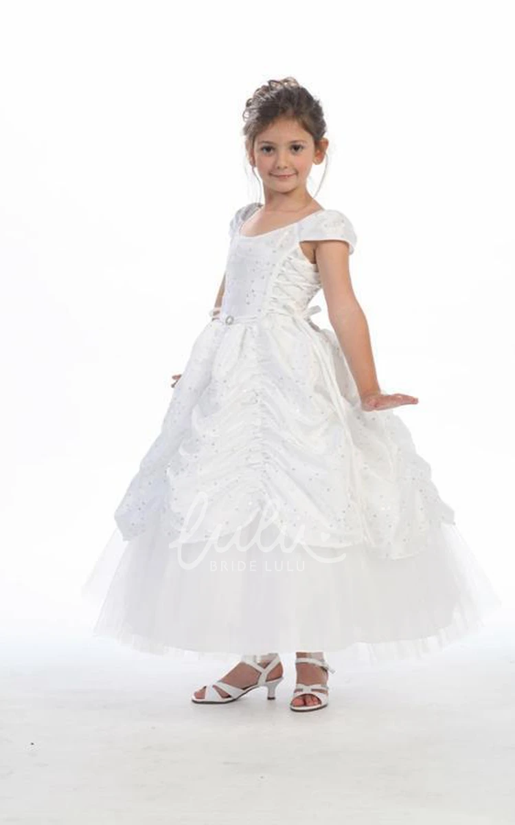 Tiered Embroideried Lace&Taffeta Ankle-Length Flower Girl Dress with Broach Unique Wedding Dress