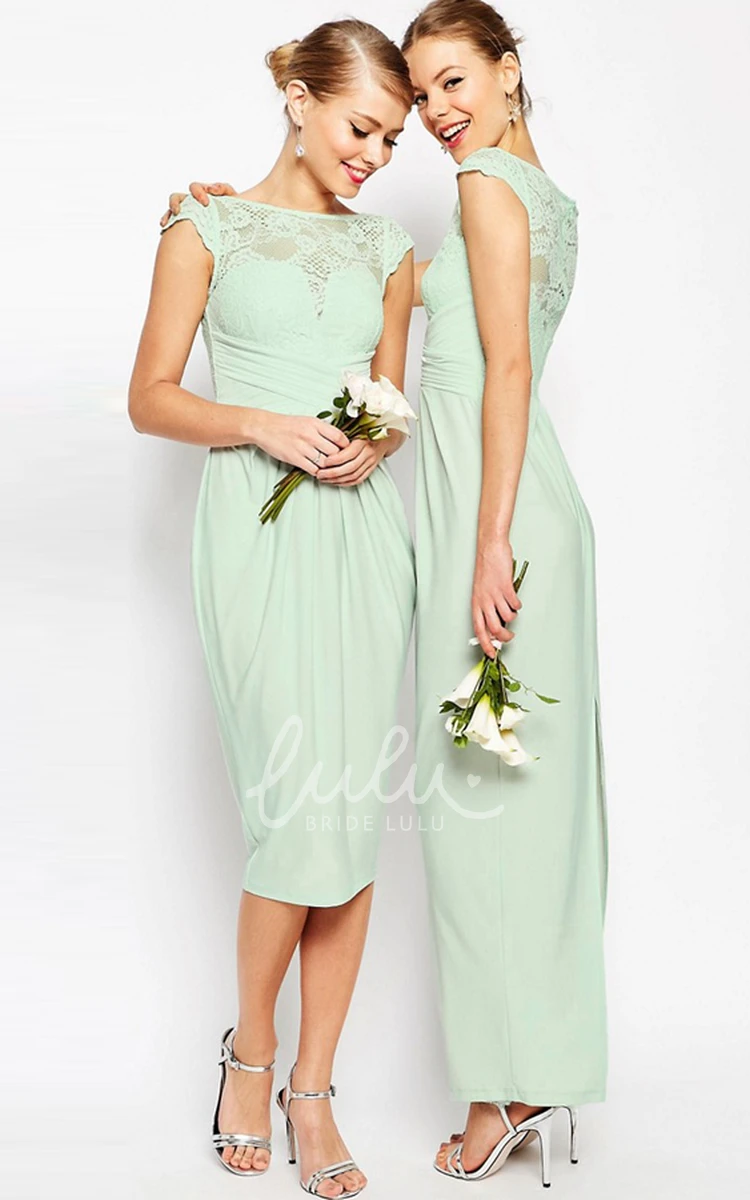 Lace Sheath Bridesmaid Dress with Cap Sleeves and Ankle-Length