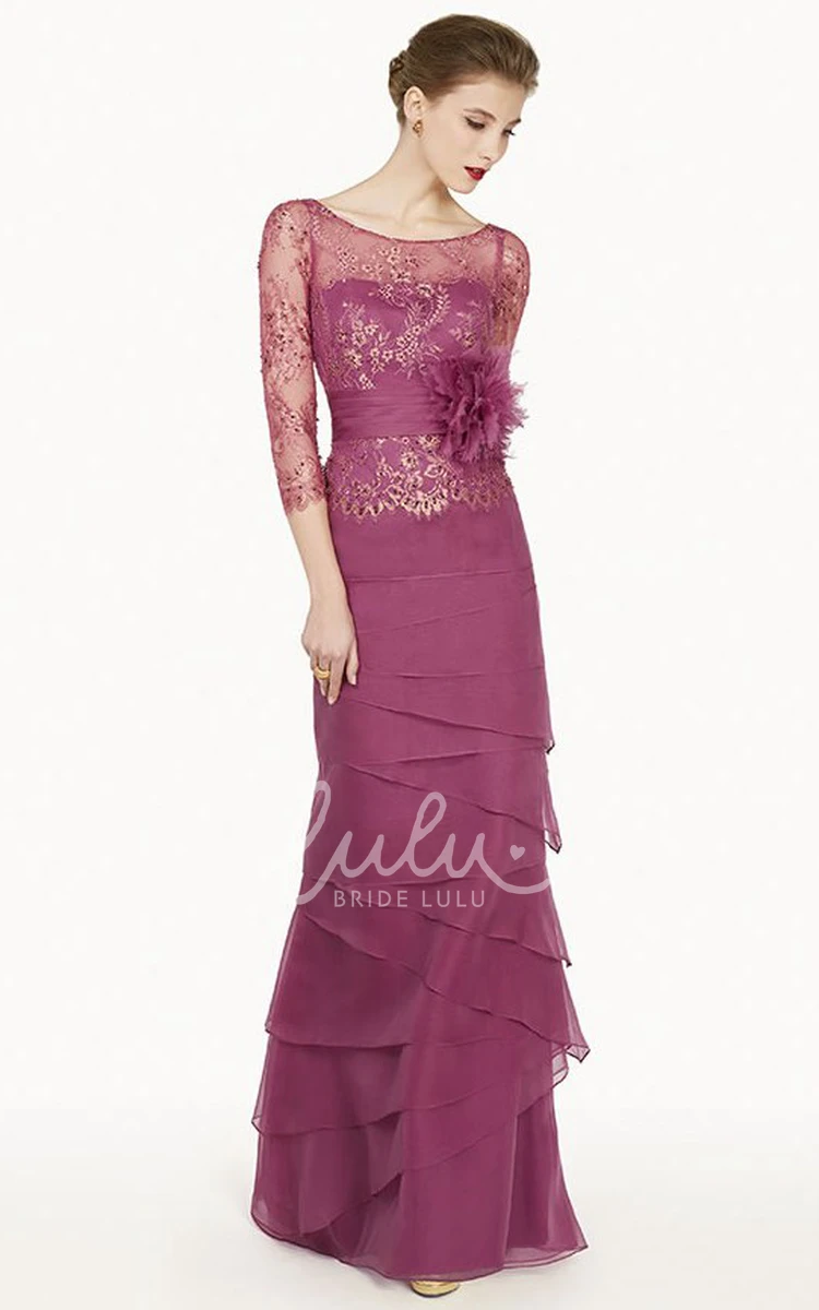Floral Chiffon Prom Dress with Sheath Silhouette Scoop Neckline Embroidery and 3-4 Sleeves