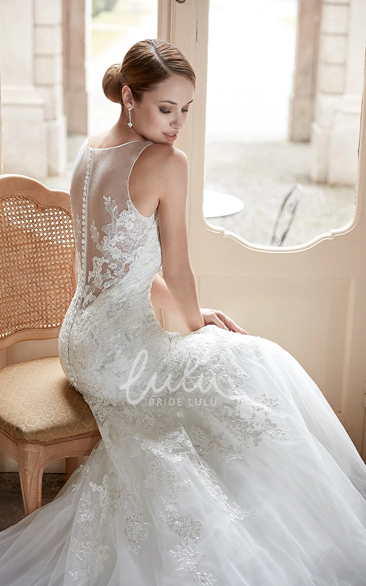 Sleeveless V-Neck Tulle&Lace Trumpet Wedding Dress