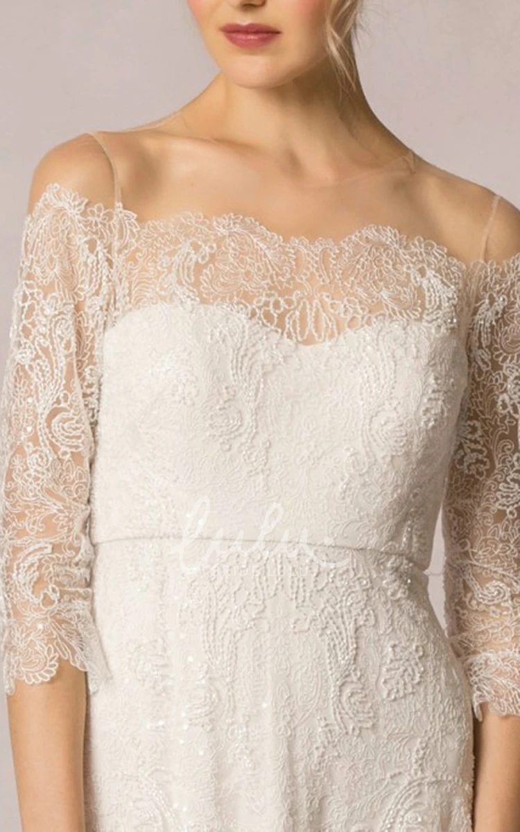 Off-Shoulder Lace Sheath Wedding Dress with 3/4 Sleeves