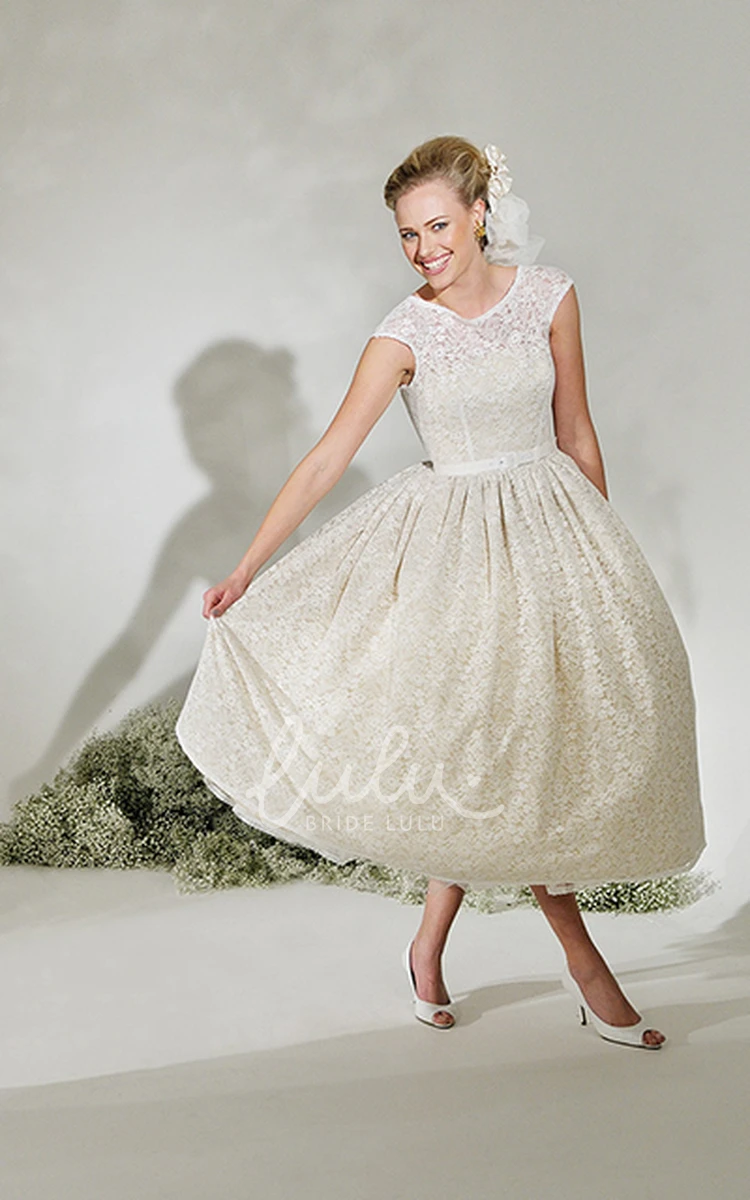 A-Line Cap Sleeve Lace Wedding Dress with Ribboned Scoop Neck Tea-Length