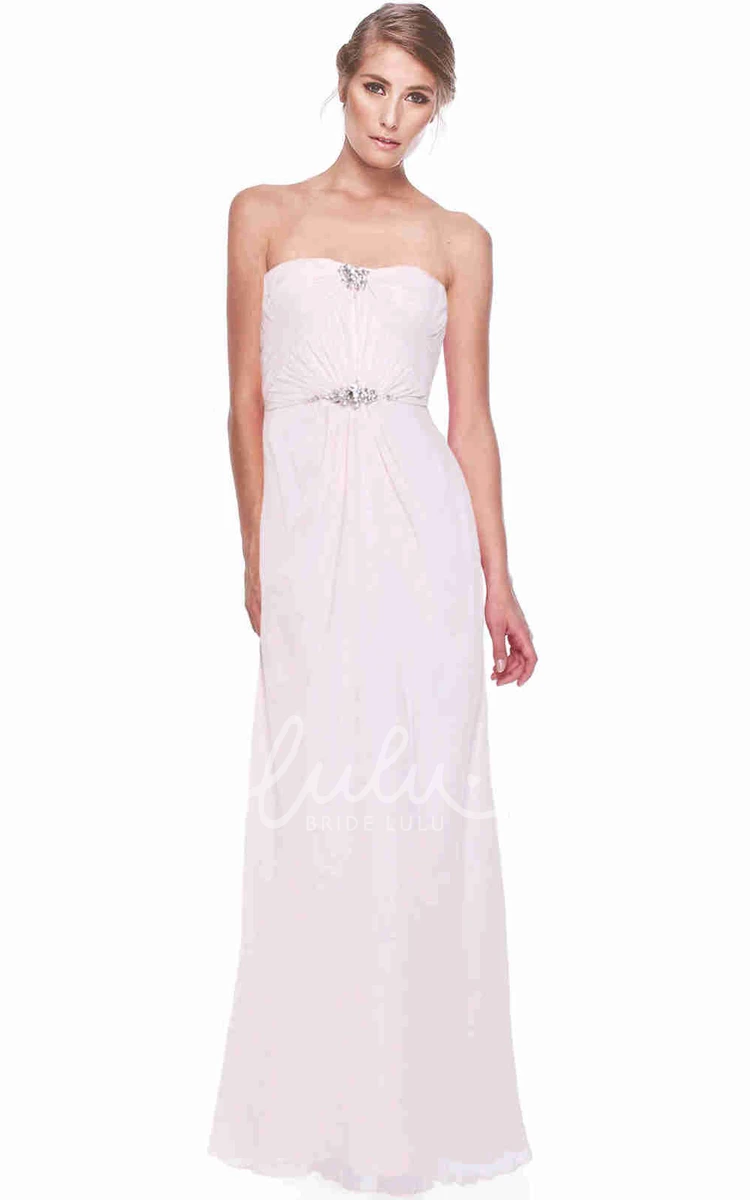 Strapless Ruched Long Chiffon Bridesmaid Dress with Broach Elegant