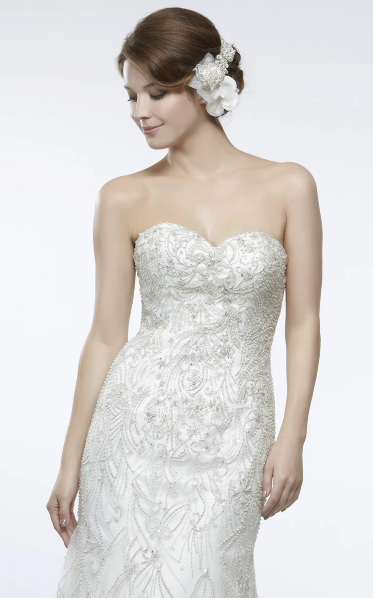 Tulle Sweetheart Sheath Wedding Dress with Beading and Brush Train