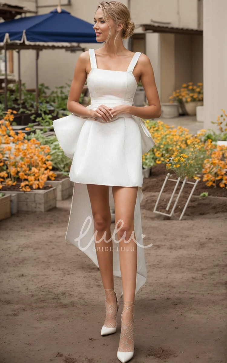 Petite Chic Sheath Straps Solid Satin Wedding Dress Adorable Short Square Neck Sleeveless Zipper Back Bridal Gown with Bow