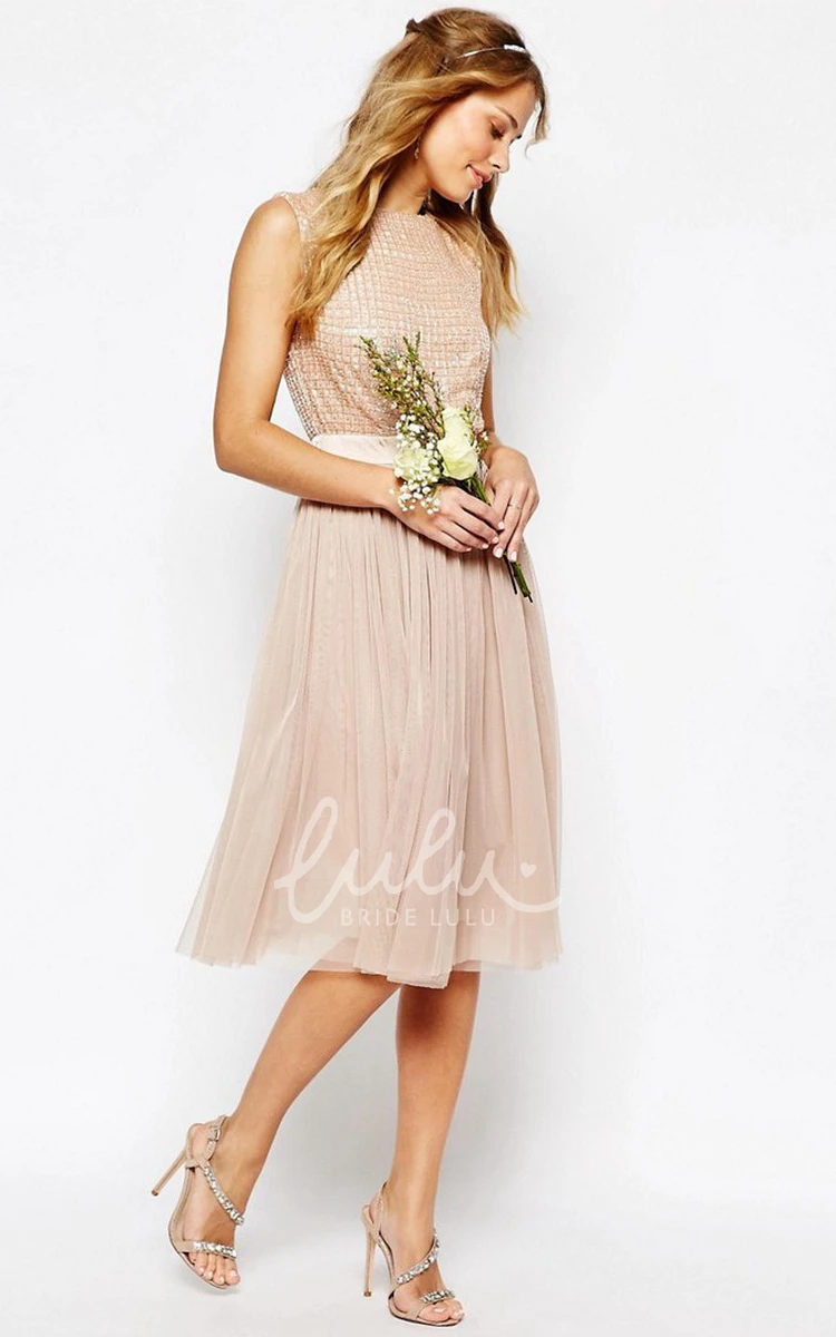 Jewel Neck Tulle Bridesmaid Dress Knee-Length Beaded Sleeveless