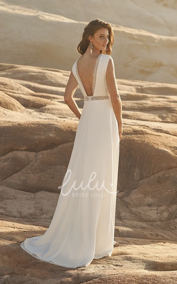 Sleeveless Lace Details Plunging Chiffon Wedding Dress