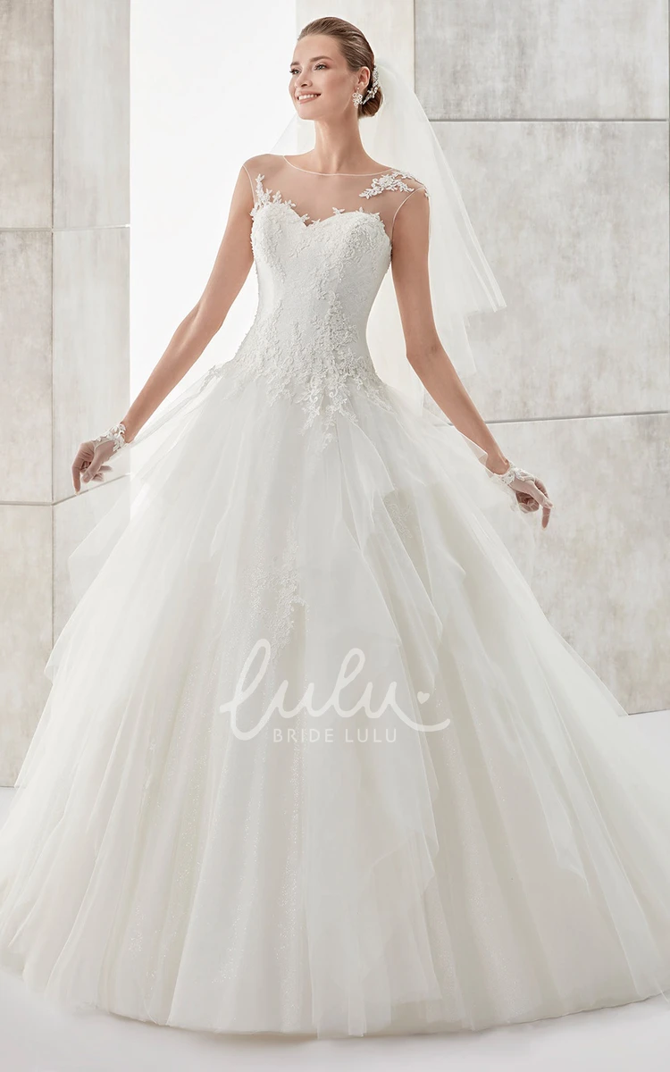 Ruffled A-line Wedding Dress with Jewel-Neck and Illusive Design