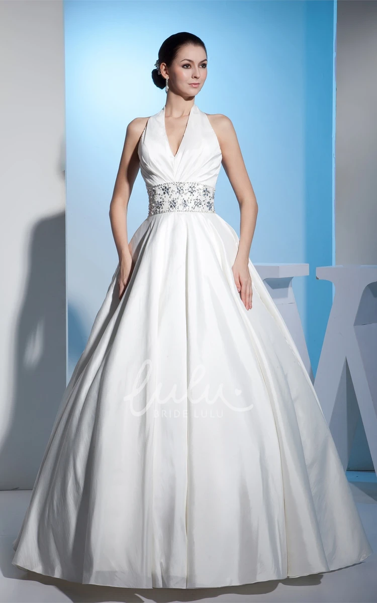 Sleeveless Satin Ball Gown Wedding Dress with Beaded Waist for Brides