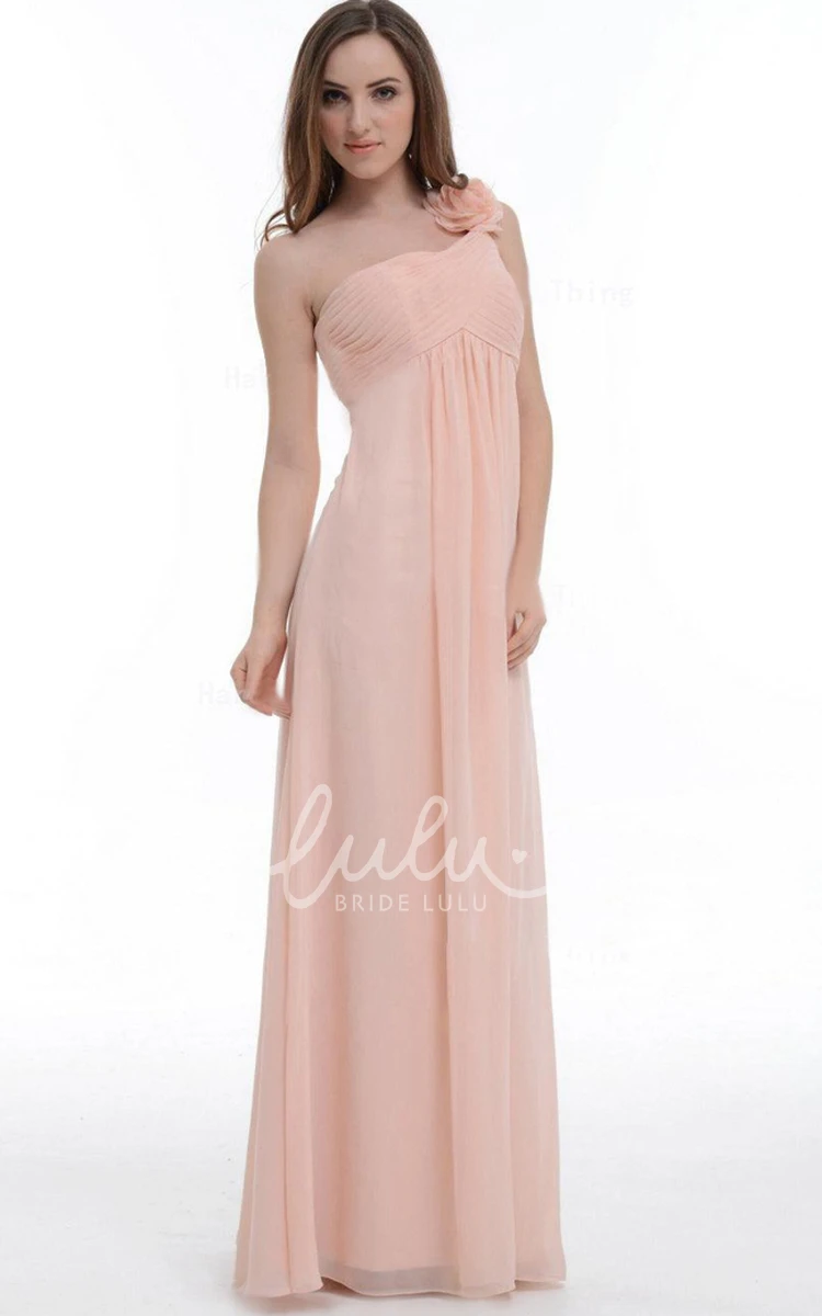 Pink A-Line Floor-Length One-Shoulder Chiffon Maxi Dress with Flower and Ruffles