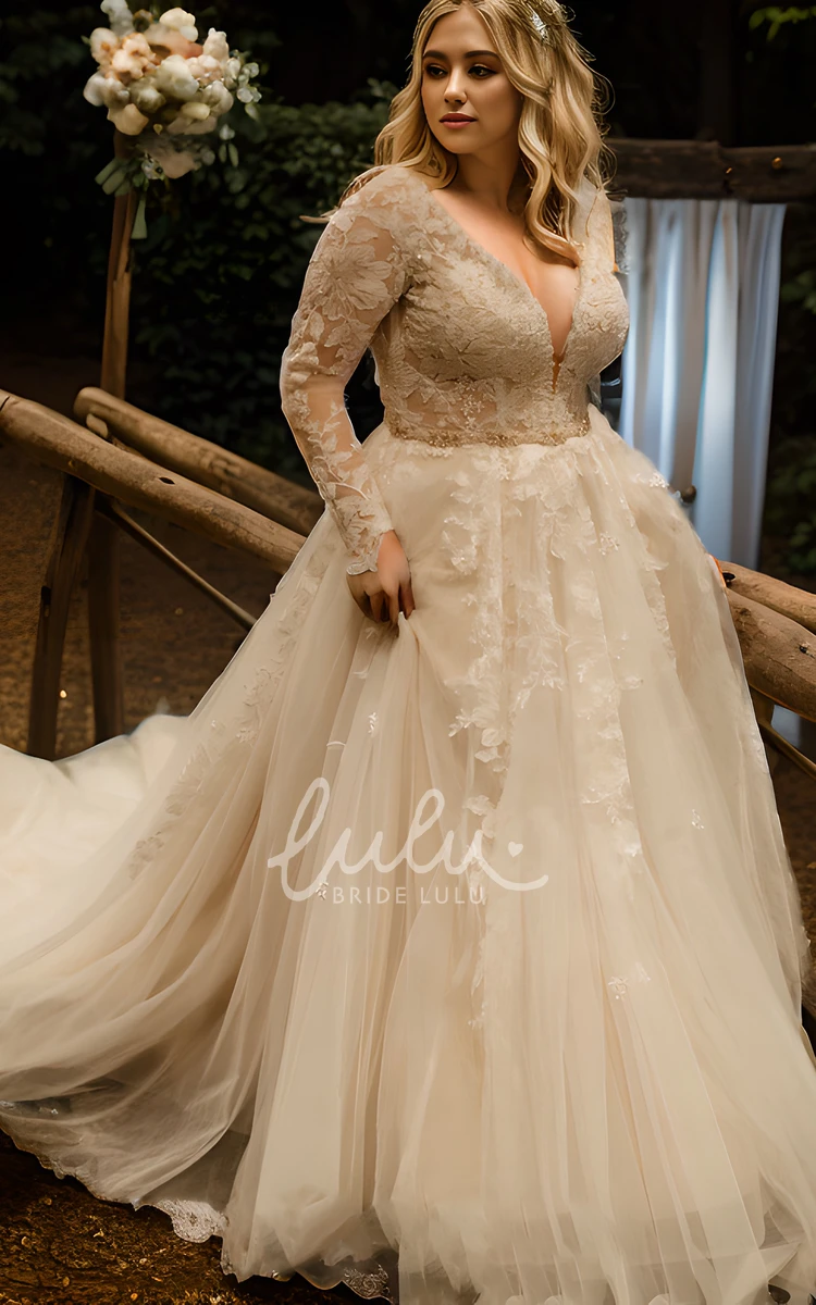 Elegant Tulle V-Neck Long Sleeve Wedding Dress with Appliques & Floor-Length