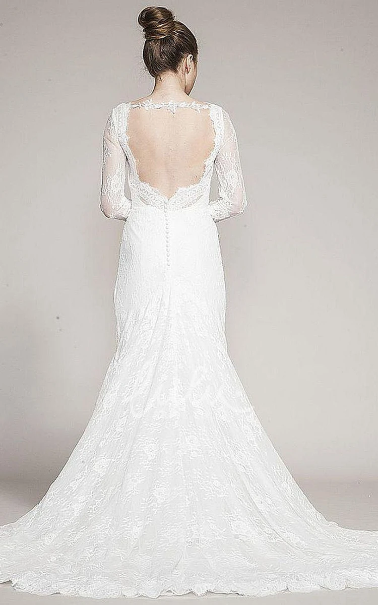 Long-Sleeve Lace Wedding Dress with V-Neck and Brush Train